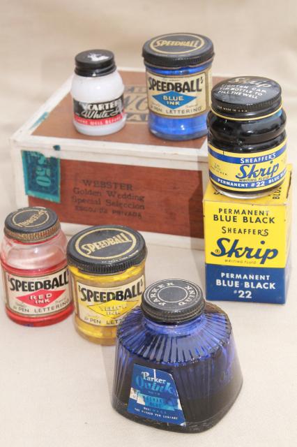 photo of lot vintage glass ink bottles & jars w/ old paper labels advertising graphics #1