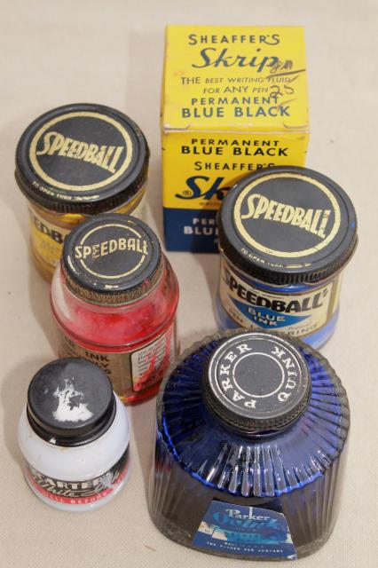 photo of lot vintage glass ink bottles & jars w/ old paper labels advertising graphics #4