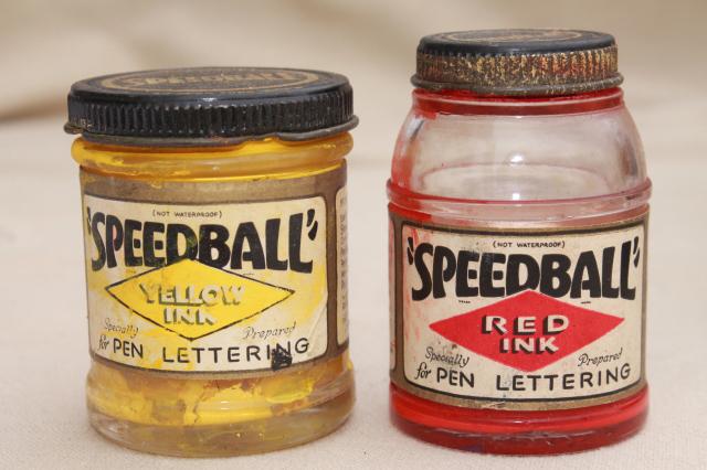 photo of lot vintage glass ink bottles & jars w/ old paper labels advertising graphics #7