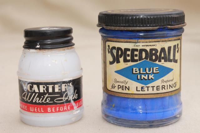 photo of lot vintage glass ink bottles & jars w/ old paper labels advertising graphics #11