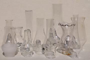 catalog photo of lot vintage glass lamp chimney shades for old mini lamps, small hurricanes & chimneys