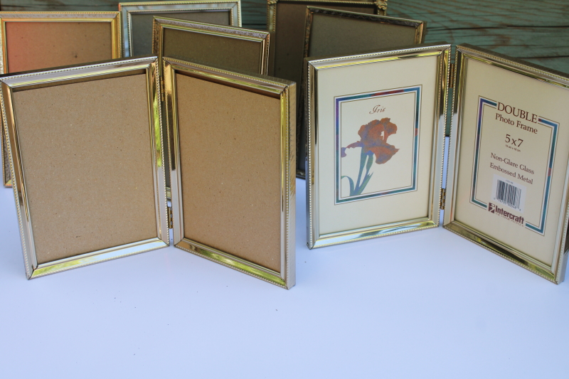 photo of lot vintage gold tone metal picture photo frames 5 x 7 including two hinged double frames #2