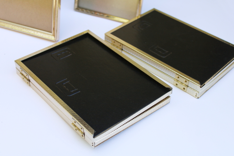 photo of lot vintage gold tone metal picture photo frames 5 x 7 including two hinged double frames #4