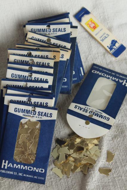 photo of lot vintage gummed seals, gold foil paper stickers little golden harps #1