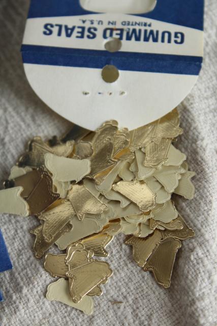 photo of lot vintage gummed seals, gold foil paper stickers little golden harps #3