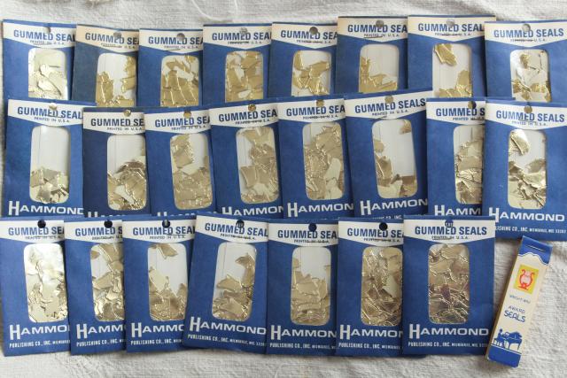 photo of lot vintage gummed seals, gold foil paper stickers little golden harps #5