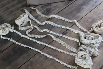 catalog photo of lot vintage handmade crochet lace sewing trim, narrow baby lace edgings