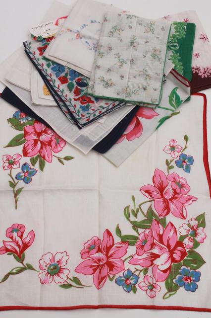 photo of lot vintage hankerchiefs, ladies cotton hankies w/ print flowers or hemstitching embroidery #1