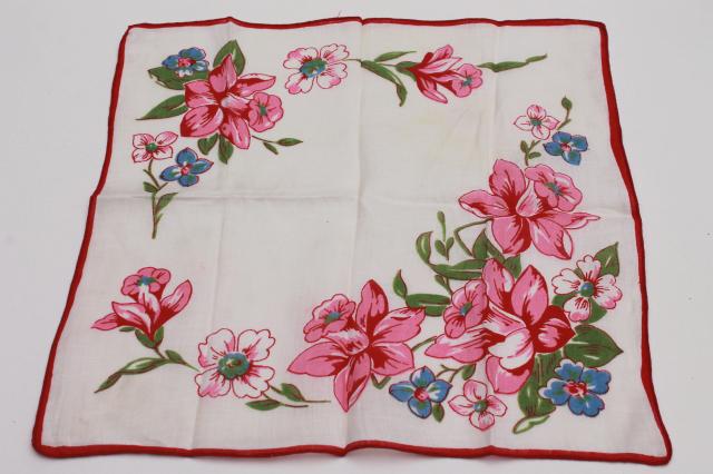 photo of lot vintage hankerchiefs, ladies cotton hankies w/ print flowers or hemstitching embroidery #3