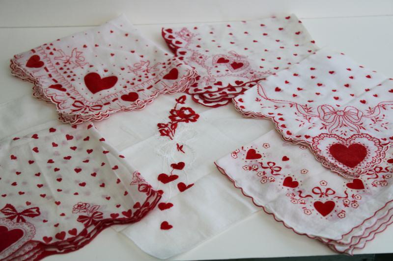 photo of lot vintage hankies Valentine's Day prints, red & white Valentine hearts handkerchiefs #1