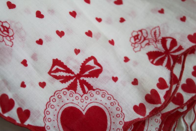 photo of lot vintage hankies Valentine's Day prints, red & white Valentine hearts handkerchiefs #3