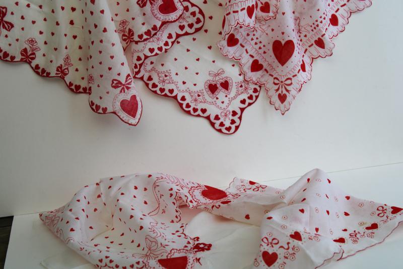 photo of lot vintage hankies Valentine's Day prints, red & white Valentine hearts handkerchiefs #6