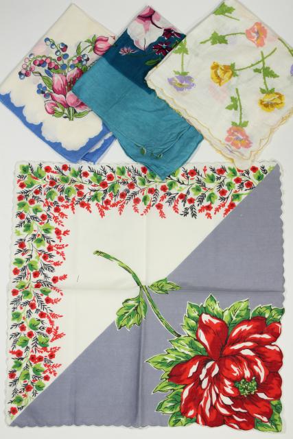 photo of lot vintage hankies w/ flower prints, 40+ pretty printed cotton handkerchiefs #4