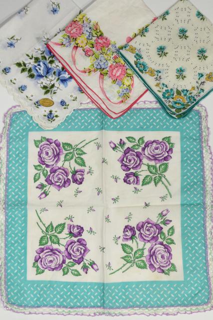 photo of lot vintage hankies w/ flower prints, 40+ pretty printed cotton handkerchiefs #11