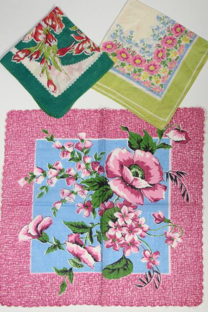 photo of lot vintage hankies w/ flower prints, 40+ pretty printed cotton handkerchiefs #13
