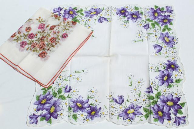 photo of lot vintage hankies w/ flower prints, pretty printed cotton handkerchiefs #17