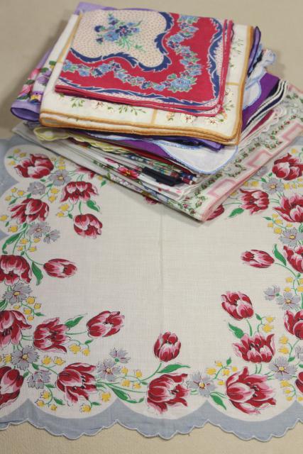 photo of lot vintage hankies w/ flower prints, pretty printed cotton handkerchiefs #1