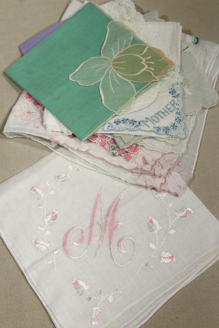 photo of lot vintage hankies for crafting or baby shower decorations M is for Mother, Mother's Day #1