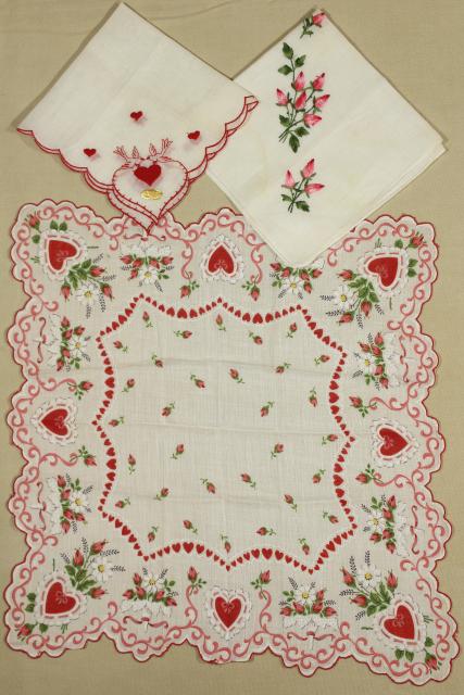 photo of lot vintage hankies w/ holiday prints, Valentine hearts & flowers handkerchiefs #3