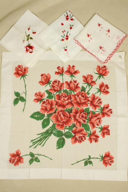 photo of lot vintage hankies w/ holiday prints, Valentine hearts & flowers handkerchiefs #4