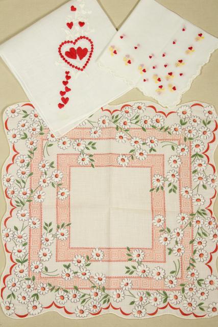 photo of lot vintage hankies w/ holiday prints, Valentine hearts & flowers handkerchiefs #5