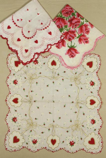 photo of lot vintage hankies w/ holiday prints, Valentine hearts & flowers handkerchiefs #7