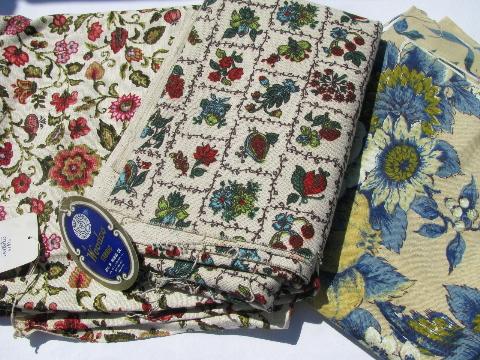 photo of lot vintage heavy linen weave cotton print fabric 40s-50s-60s, flowers & birds #1