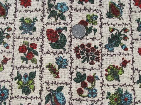 photo of lot vintage heavy linen weave cotton print fabric 40s-50s-60s, flowers & birds #3