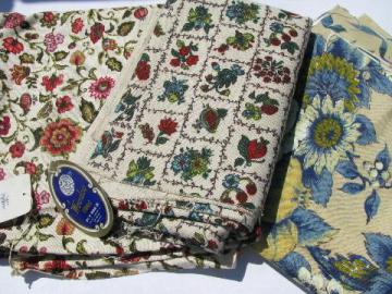 catalog photo of lot vintage heavy linen weave cotton print fabric 40s-50s-60s, flowers & birds