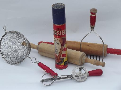 photo of lot vintage kitchen utensils and kitchenware, old red paint wood handles #1