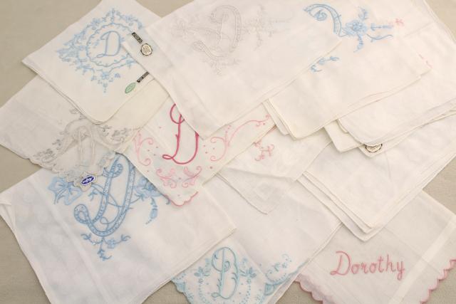 photo of lot vintage ladies hankies, D monogram letter embroidered handkerchiefs  #1