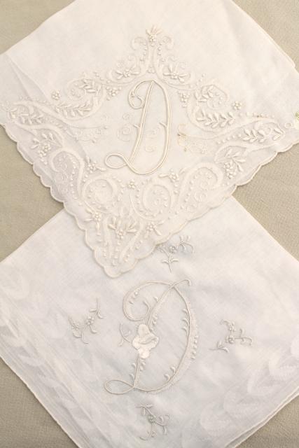 photo of lot vintage ladies hankies, D monogram letter embroidered handkerchiefs  #6