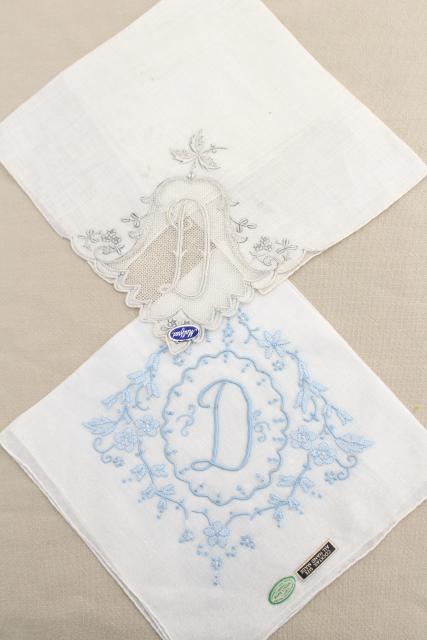 photo of lot vintage ladies hankies, D monogram letter embroidered handkerchiefs  #11