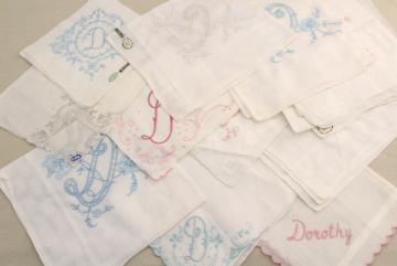 catalog photo of lot vintage ladies hankies, D monogram letter embroidered handkerchiefs 