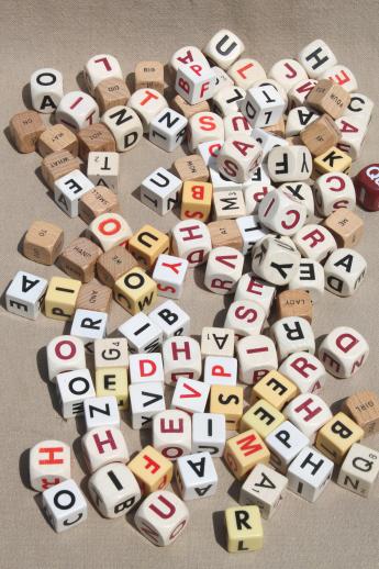 photo of lot vintage letter cube dice, word game pieces, wood & plastic cubes of letters #1