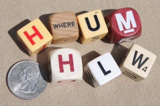 photo of lot vintage letter cube dice, word game pieces, wood & plastic cubes of letters #5