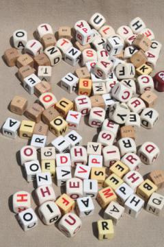 catalog photo of lot vintage letter cube dice, word game pieces, wood & plastic cubes of letters