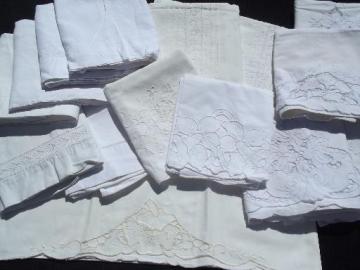 catalog photo of lot vintage linen and cotton pillowcases w/ whitework, crochet lace on white