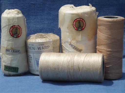 photo of lot vintage linen sewing / weaving threads, fine Belgian floss, Irish flax cord #1