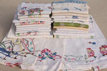 catalog photo of lot vintage linens w/ crochet lace & embroidery, kitchen tea towels and guest hand towels