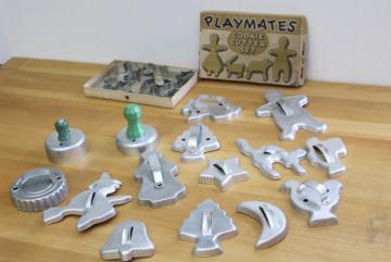 catalog photo of lot vintage metal cookie cutters, children's set & holiday shapes w/ handles