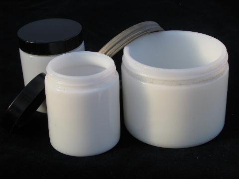 photo of lot vintage milk glass apothecary jars, antique black bakelite lids #2