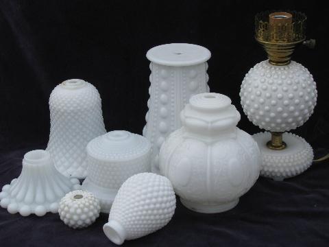 photo of lot vintage milk glass boudoir lamp / lighing parts, Fenton hobnail pattern, etc. #1