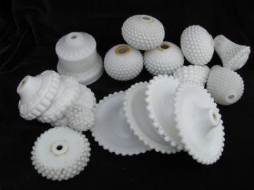 catalog photo of lot vintage milk glass lamp parts, Fenton etc.