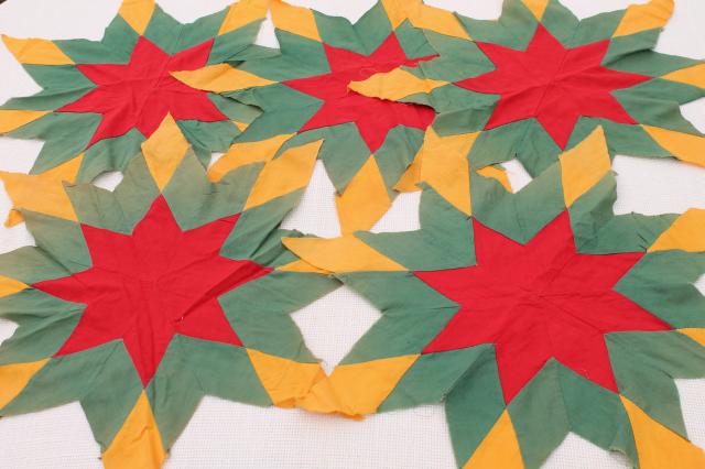 photo of lot vintage patchwork quilt blocks, red jade mustard solids pieced western stars #11