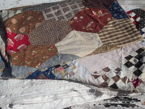 photo of lot vintage patchwork quilt tops w/ old print fabric blocks, antique quilts #1