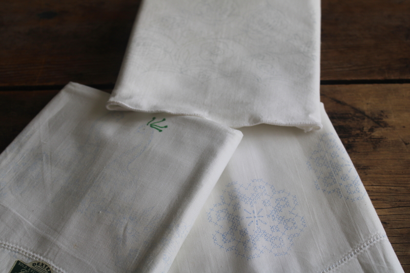 photo of lot vintage pillowcases to stitch, cotton pillowcase tubing stamped for embroidery  #7