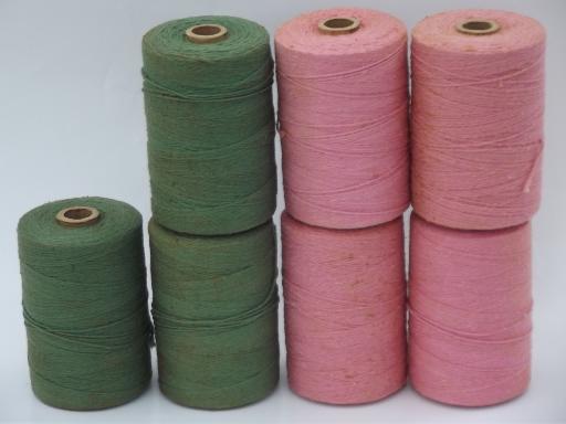 photo of lot vintage pink and green cotton rug thread, carpet warp weaving cord #1