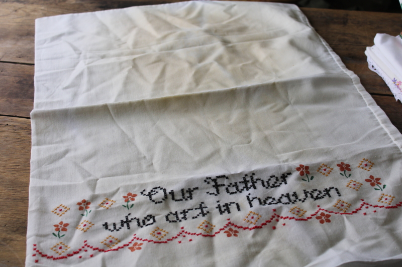 photo of lot vintage poly blend pillowcases w/ embroidery or crochet lace edgings, boho cottage bedding  #2