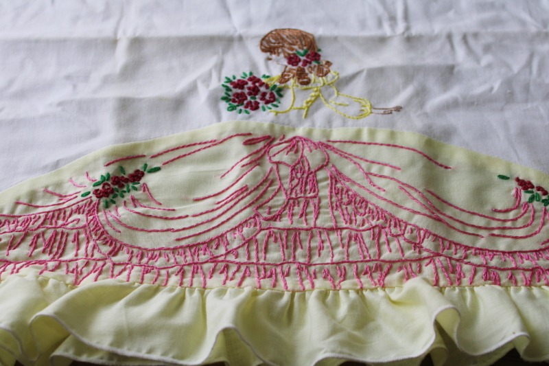 photo of lot vintage poly blend pillowcases w/ embroidery or crochet lace edgings, boho cottage bedding  #4